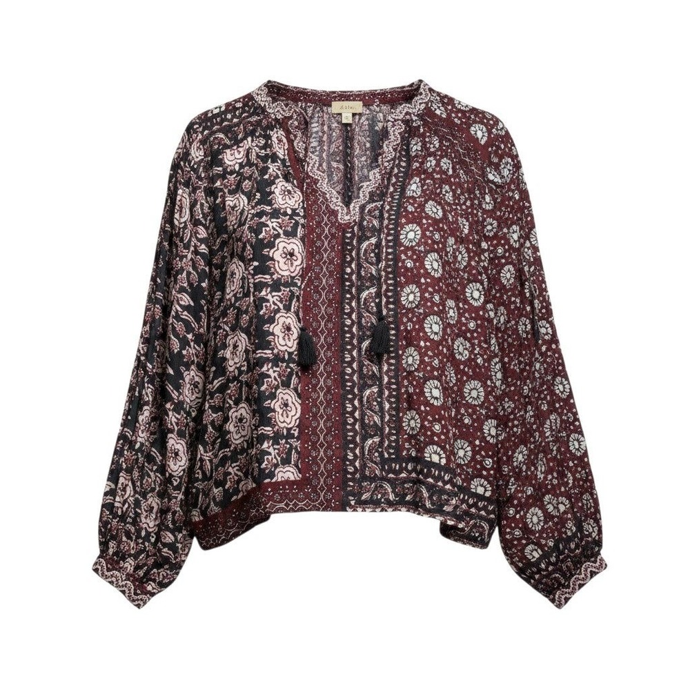 Elie Tahari Blouse L Burgundy Black Floral Boho Cotton Tassel Split Neck Top